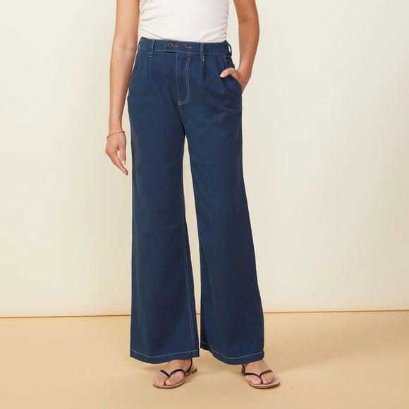 MONROW Cotton Twill Wide Leg Trousers Dark Denim High Rise Stretch Zip 28 NEW - Picture 2 of 13